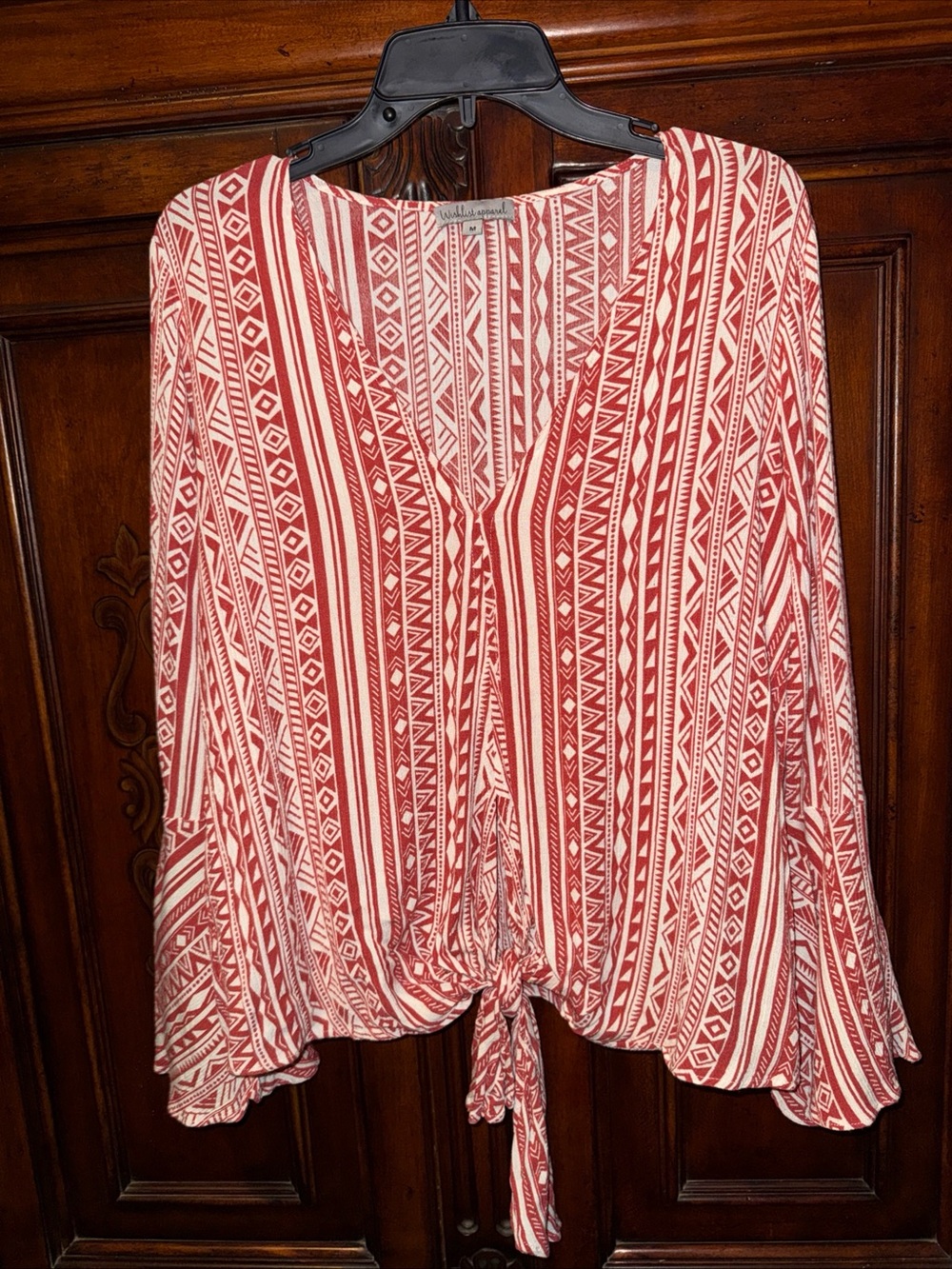 Bohemian Tie-Front Red Patterned Women's Blouse - wishlist apparel